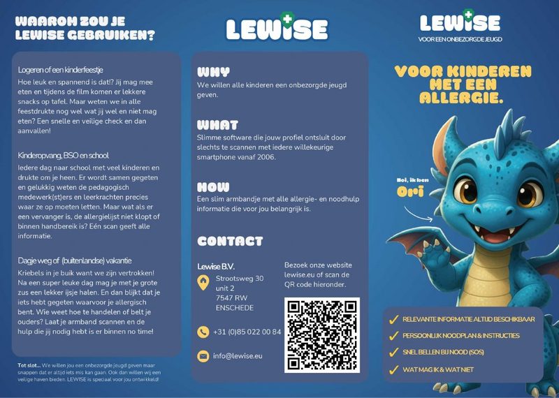 Drieluikflyer van Lewise over de allergie-armband voor kinderen, met draak Ori en de tekst Voor kinderen met een allergie