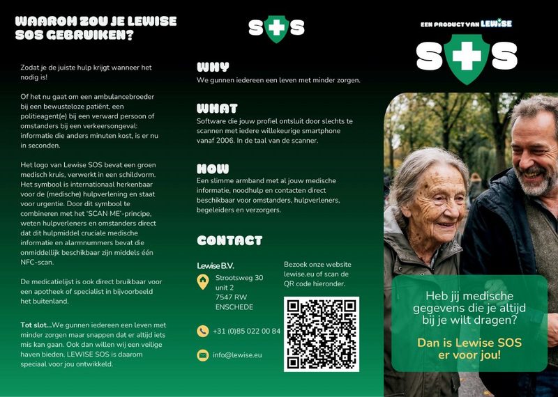 Drieluikflyer van Lewise SOS voor volwassenen en senioren, met het groene SOS-schildlogo en twee mensen buiten