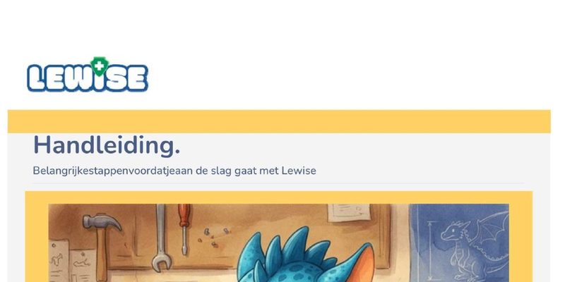Eerste deel van de Lewise handleiding met het Lewise logo, de kop Handleiding en een illustratie van draak Ori aan een werkbank
