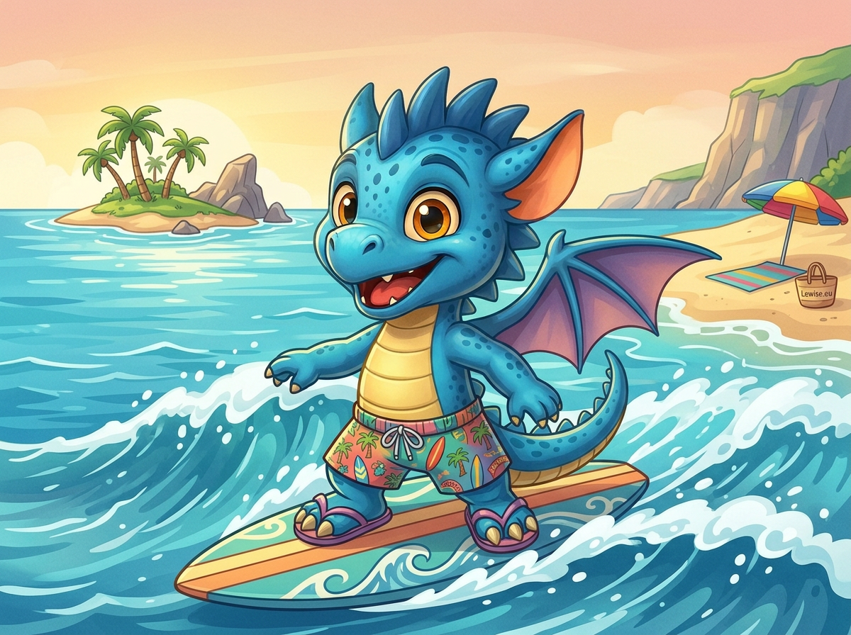 Ingekleurd voorbeeld van de kleurplaat: Ori, de draak van Lewise, surft in zwembroek en slippers op een golf langs het strand